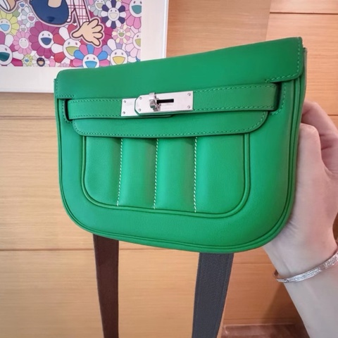 HERMES/愛馬仕竹子綠銀扣mini Berline  20單肩斜挎包R刻