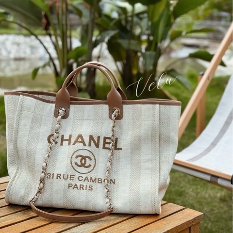 💎Chanel香奈兒|淡米色棕皮手提款沙灘包|深淺相間暗條紋|98新29開保卡✅