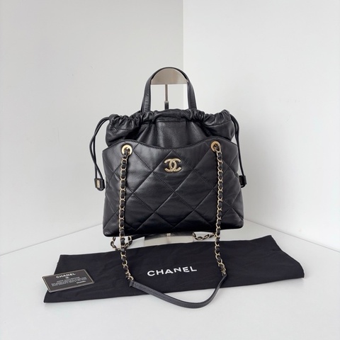 Chanel香奈兒 抽繩福袋tote鏈條包 黑金軟糯大菱格小號 手提包單肩包