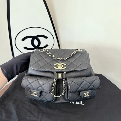 Chanel 香奈兒 黑金光面牛皮青蛙包中號雙肩包手提包