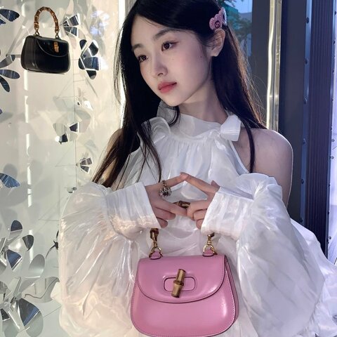 GUCCI 1947系列粉色mini 手提肩背竹節包 17*12*7  98新配件塵袋