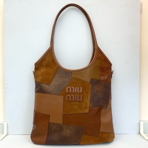 MiuMiu 拼皮Ivy托特包 芯片款 乾邑色拼接牛皮+麂皮