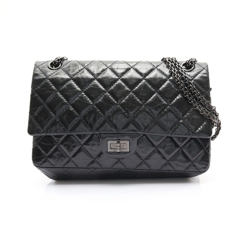 黑色 菱格紋 牛皮 2.55 Reissue 肩背包 (按扣裂紋)【CHANEL 香奈兒】 A37587