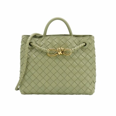 Bottega Veneta 展示品 Andiamo 羊皮編織金紐結手提斜背二用包-小(766014-鼠尾草綠)