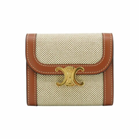 Celine 展示品 Triomphe 帆布拚牛皮金釦編織二折釦式短夾(棕)