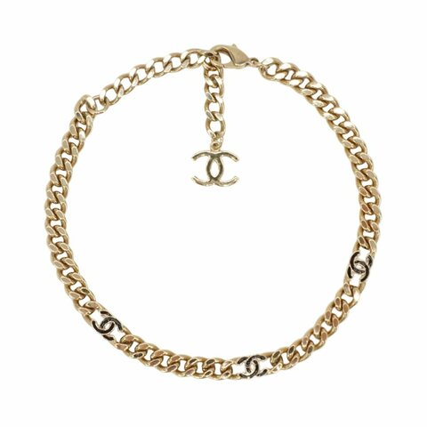 Chanel 展示品 雙C logo 黑琺瑯粗金鍊短項鍊(金)
