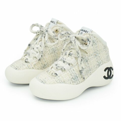 Chanel 展示品 雙C斜紋毛呢編織雪地兩用高筒運動鞋#35(灰白)