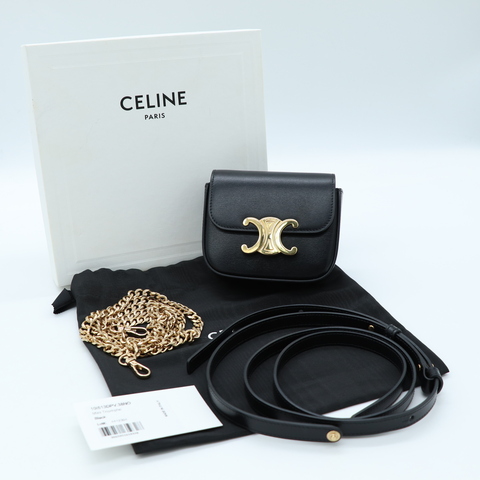可愛小廢包💓Celine Triomphe 凱旋門黑色光滑小牛皮 迷你 斜背包 耳機包