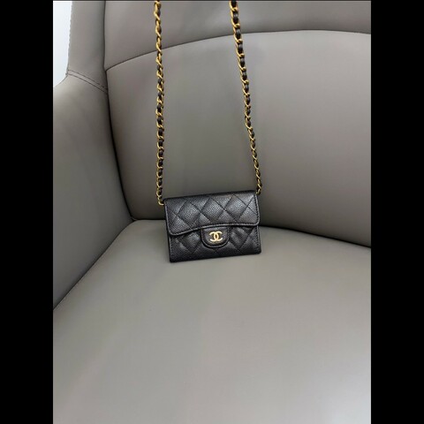 Chanel香奈兒黑金魚子醬CF翻蓋卡包/零錢包98新28開