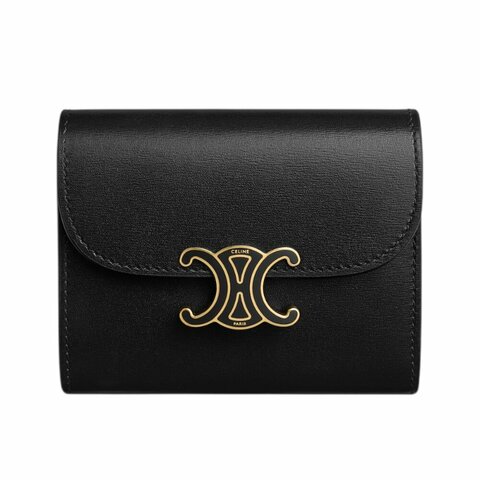 【CELINE】Triomphe 珐琅凱旋門 亮澤光滑牛皮 小號 翻蓋 零錢包 卡夾 皮夾 短夾 黑色 10D784L24.38NN