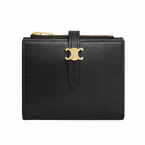【CELINE】Compact Triomphe Pontet 凱旋門 羊皮 拉鍊 零錢包 卡夾 皮夾 短夾 黑色 101P3GVE.38NO