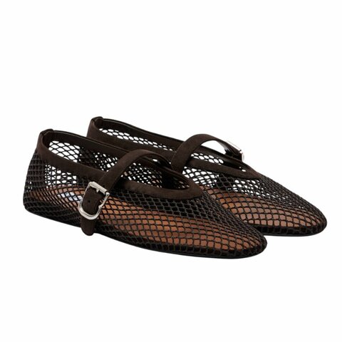 【ALAIA】Fishnet Ballet Flat 漁網 麂皮 鞋子 芭蕾鞋 平底鞋 瑪莉珍鞋 深棕色 AA3A029TK061_733
