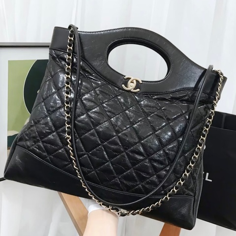 香奈兒/Chanel 31bag手袋 大號 黑銀油蠟牛皮 28開 尺寸:39*37*8