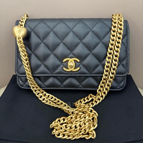 Chanel/香奈兒 黑色荔枝牛皮金扣愛心金球鏈條woc雙C發財包鏈條包單肩包斜挎包 芯片款