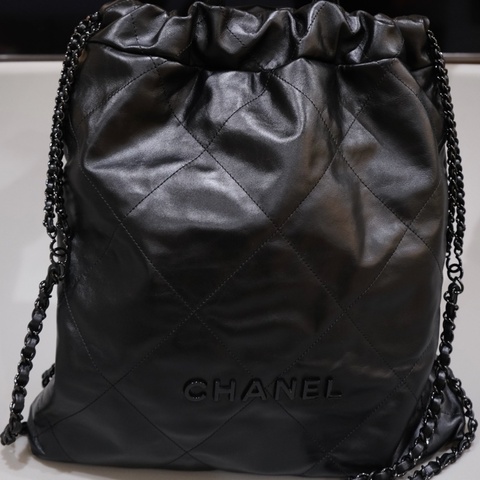 CHANEL 22 AS3313束口手提後背包 so black logo全黑 芯片款 98成新