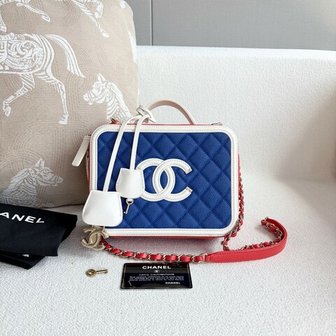 Chanel 拼色相機包 藍紅拼色 金扣 荔枝皮