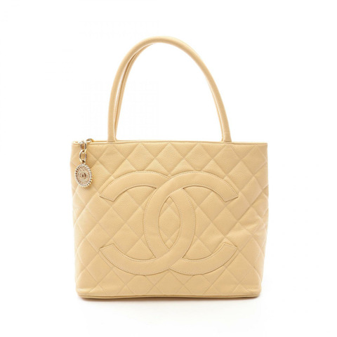 香奈兒 (CHANEL) Medallion 托特包 A01804 粒面小牛皮 米色 二手 女士