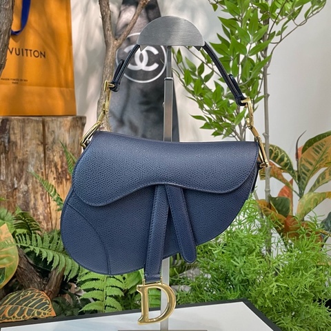 DIOR迪奧 Saddle 粒面 牛皮革 馬鞍包單肩手提包 深藍色  18年