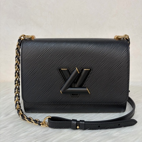 LV M57517 黑牛皮 水波紋 EPI 金鍊 黑啞光金邊 Twist MM 斜背包 掀蓋包