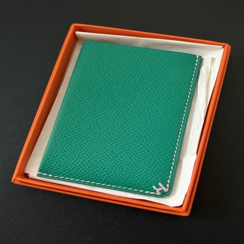Hermes H sellier 男女同款 綠色內拼粉色卡包 Epsom皮