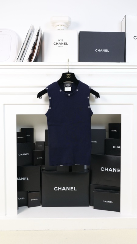 Chanel 96年海军蓝cc字母滚边背心马甲