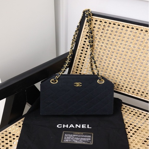 Chanel 1开黑金帆布皮穿链小挎包单肩包