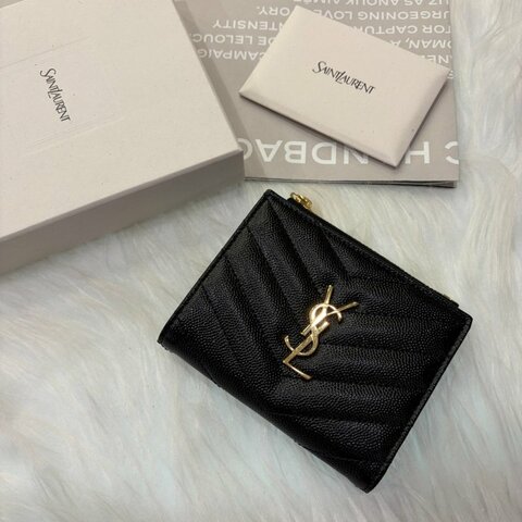 YSL  Bi-fold 拉鍊暗釦對開卡夾/黑金