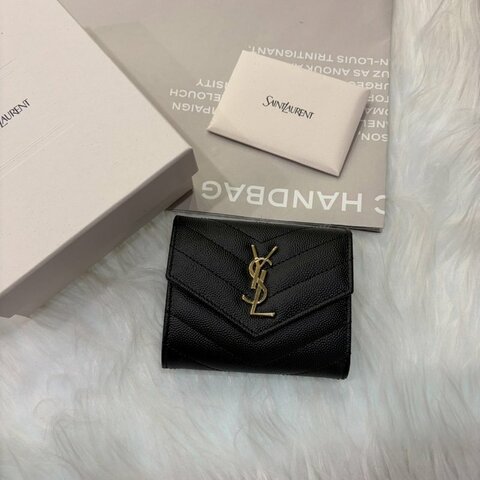 YSL 多摺開釦短夾零錢包/黑金