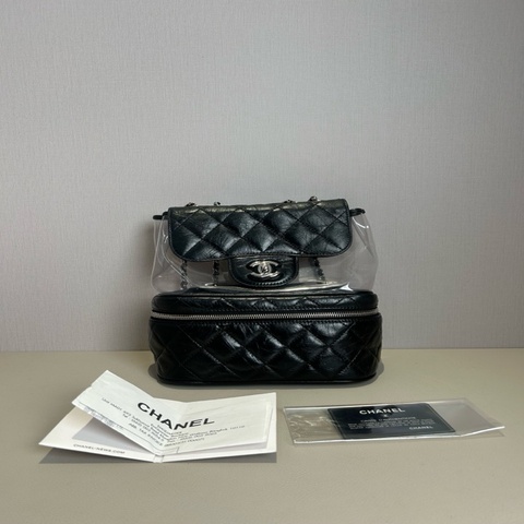 Chanel/香奈兒 黑銀 PVC 果凍 單肩包 PVC拼牛皮