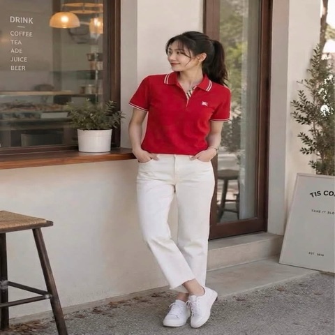 BURBERRY GOLF 線條滾邊戰馬POLO上衣 紅色