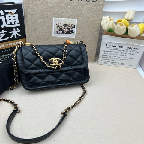 Chanel香奈兒鏈條手柄豆腐包黑金羊 斜挎包