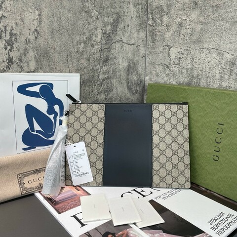 GUCCI 老花Logo纖薄款 帆布拼皮 手拿包 男款 烏木色拼黑色