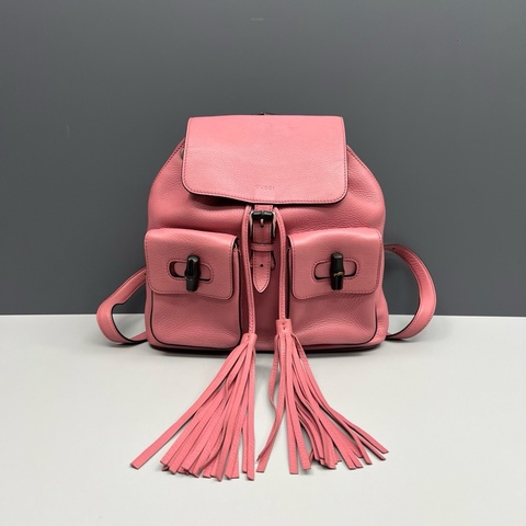 Gucci古馳 粉色全皮竹節手柄流蘇雙肩包 成色98新