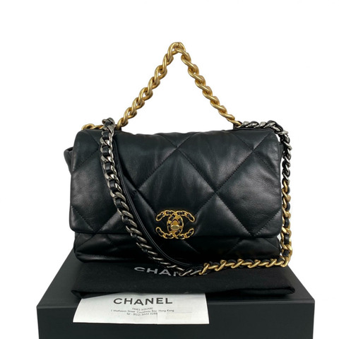 △ CHANEL 香奈兒 Black Lambskin 19 Bag Silver And Gold Tone Metal, Ruthenium-Finish Metal 2 way bag 黑色小羊皮銀色和金色金屬, 鍍釕金屬兩用袋 AS1161-267013752