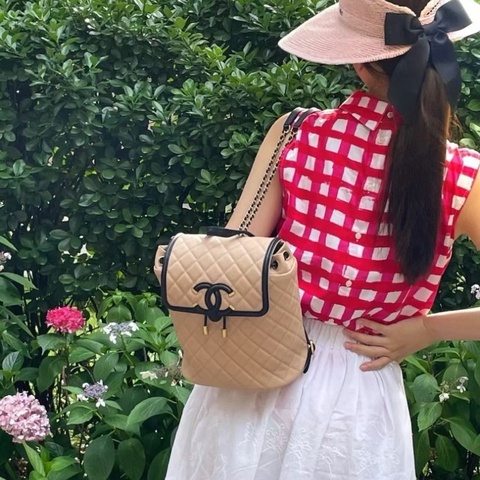 Chanel Vanity後背包 粉色拼黑色 金扣 荔枝皮 21*26*12 95新 配件塵袋 保卡