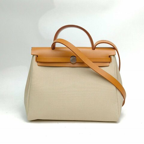 HERMES Herbag31米色拼自然色帆布牛皮U刻銀扣肩背包