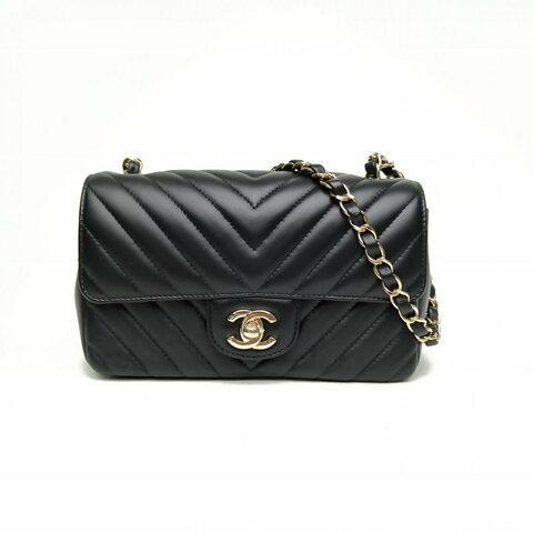 CHANEL CF口蓋包大Mini黑色羊皮30開淺金扣V紋肩背包