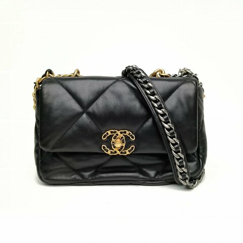 CHANEL 19BAG口蓋包小號黑色羊皮31開金銀扣肩背包
