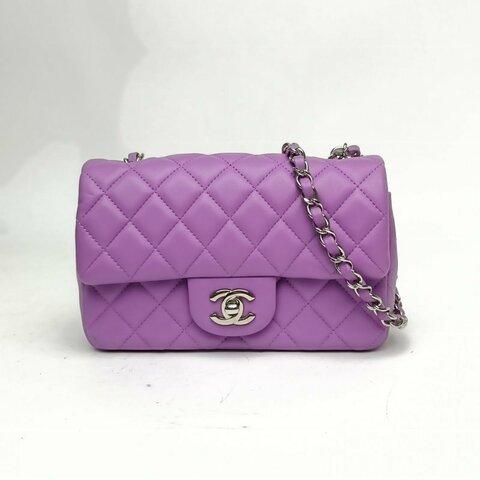 CHANEL CF口蓋包大Mini紫色羊皮28開銀扣肩背包