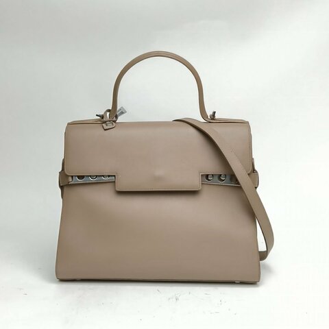 DELVAUX 淺咖色牛皮銀扣Tempete大號SW皮肩背包