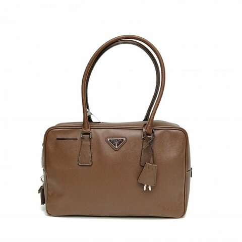 PRADA 棕色牛皮銀扣plume手提包肩背包