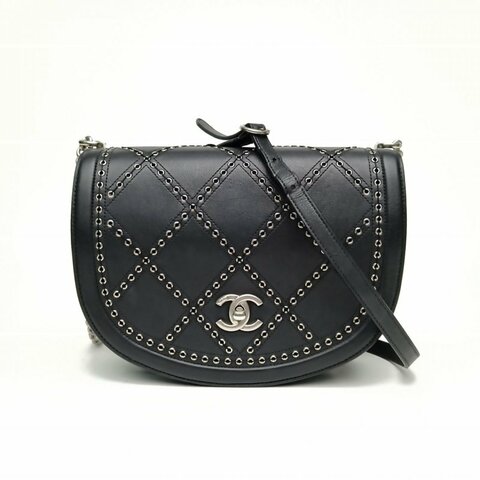 CHANEL 黑色牛皮25開銀扣馬鞍包肩背包