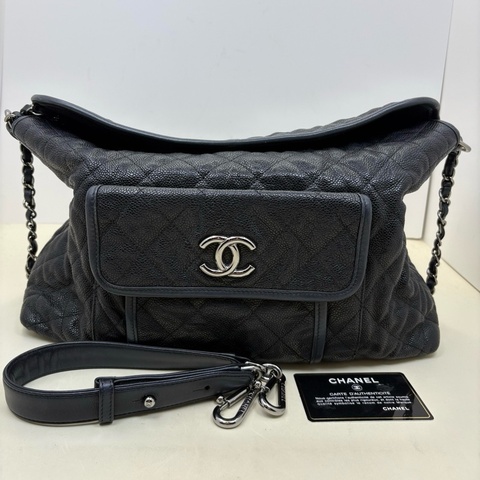 香奈兒/Chanel 黑銀荔枝牛皮hobo嬉皮包 單肩包斜挎包機場包35cm