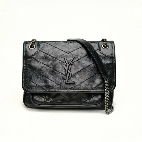 SAINT LAURENT NikiMini21D扣黑色牛皮銀扣肩背包
