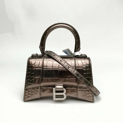 BALENCIAGA Hourglass沙漏XS碼牛皮金屬感銅灰色肩背包