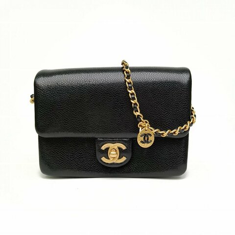 CHANEL 黑色晶片金扣皮穿手柄24K徽章鏈條口蓋包方胖子肩背包
