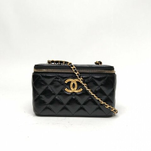 CHANEL 黑色牛皮金扣24B黑金長盒子化妝肩背包