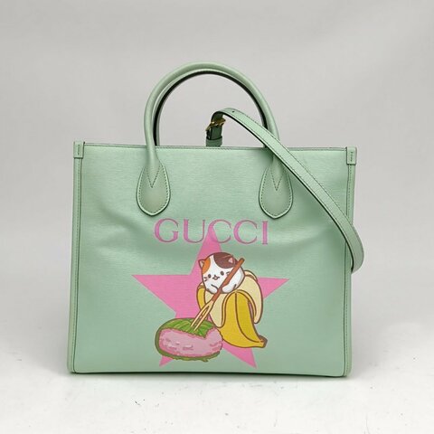 GUCCI 綠色牛皮金扣香蕉貓咪tote肩背包
