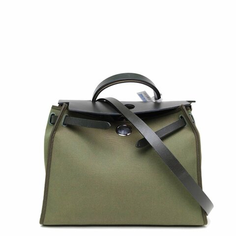 HERMES Herbag31橄欖綠帆布/牛皮A刻銀扣肩背包