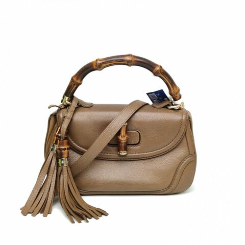 GUCCI 棕色牛皮淺金扣中古竹節流蘇手提斜挎包肩背包